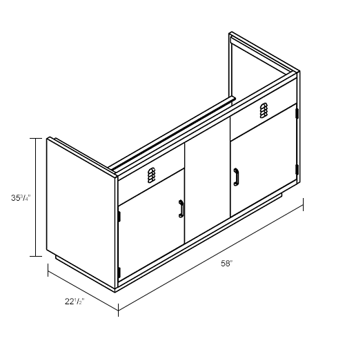 Lab Base Cabinet Sink Base 58"W x 22-1/2"D x 31-3/4"H Louvered Panels W/2 Cupboard Doors, Model Gray