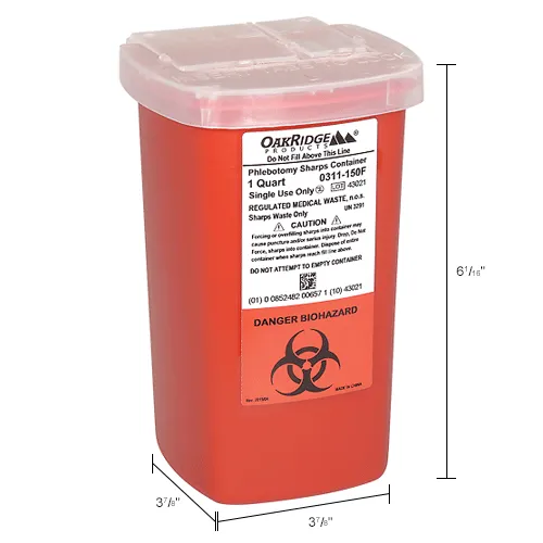 Oakridge Products 1 Quart Sharps Container w/ Flip Lid, Red