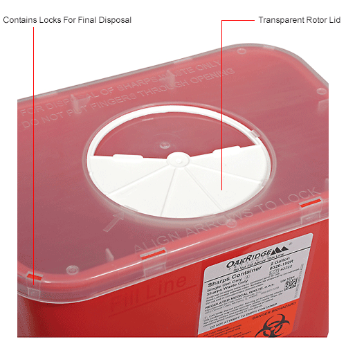 Oakridge Products 2 Gallon Sharps Container w/ Rotor Lid, Red