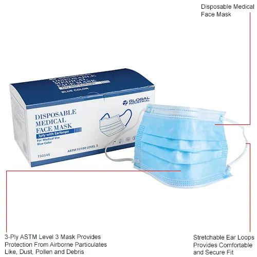 dsiposable face mask 3-Ply Blue Single Use (50 Count) or safety Vive Standard Face Masks (50
