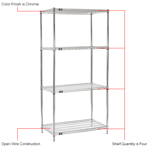 Nexel® Chrome, 4 Tier, Wire Shelving Starter Unit, 36"W x 21"D x 74"H