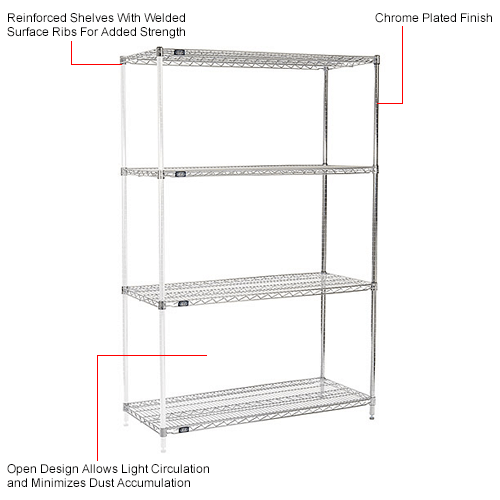 Nexel® Chrome, 4 Tier, Wire Shelving AddOn Unit, 48"W x 21"D x 74"H