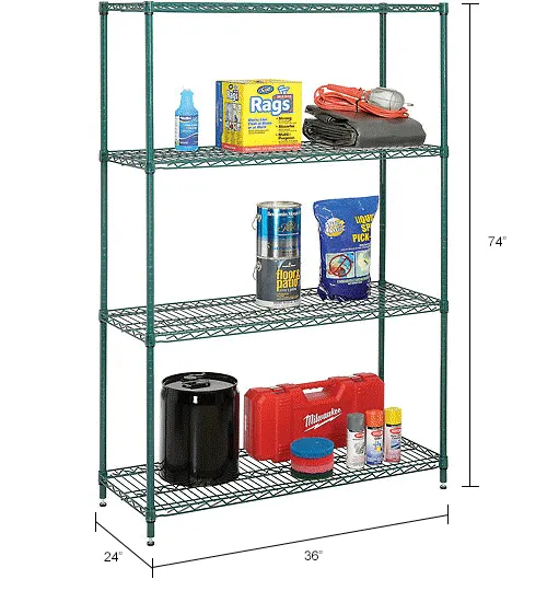 Nexel  4 Shelf, Green Epoxy Wire Shelving-In-A-Box, 36