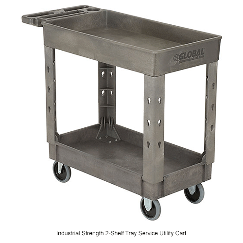 Global Industrial™ Tray Top Utility Cart W/Ladder Holder & Hooks, 2 Shelf, 38"Lx171/2"W, Gray