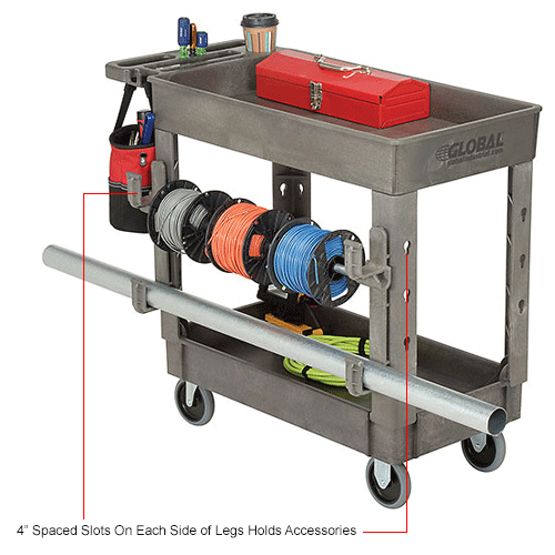 Global Industrial™ Tray Top Utility Cart W/Ladder Holder & Hooks, 2 Shelf, 38"Lx171/2"W, Gray