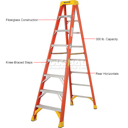 Werner 8' Fiberglass Step Ladder w/ Plastic Tool Tray 300 lb. Cap - 6208