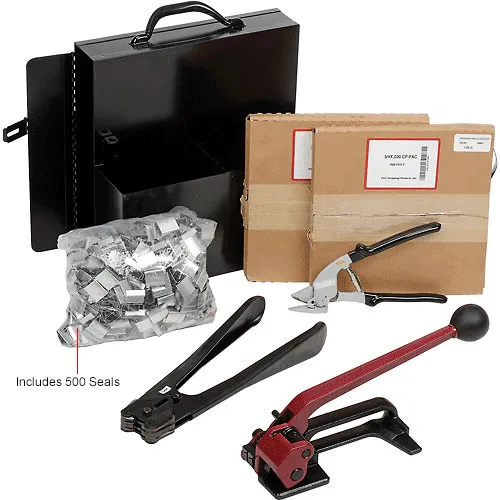 Pac Strapping Steel Kit w/ Tensioner/Sealer/Cutter/Case & Two 1/2, Black
