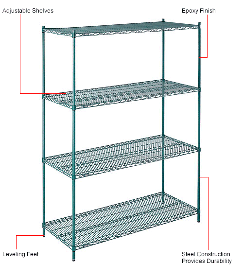 Nexel® PolyGreen®, 4 Tier, Wire Shelving Starter Unit, 60"W x 24"D x 86"H