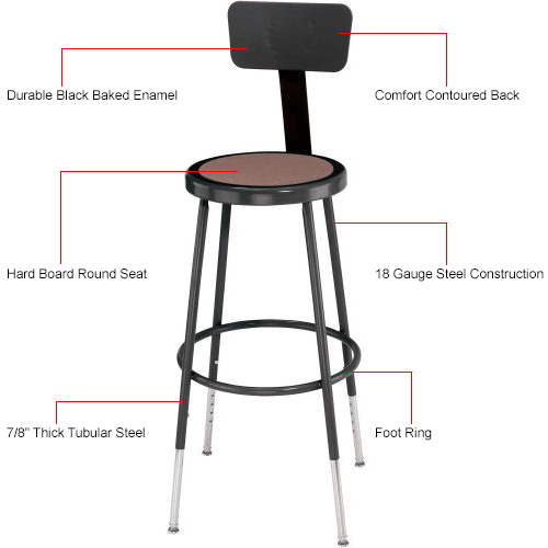 Interion® Steel Shop Stool w/Backrest & Hardboard Seat - Adjustable Height 25"-33" -Black - 2PK