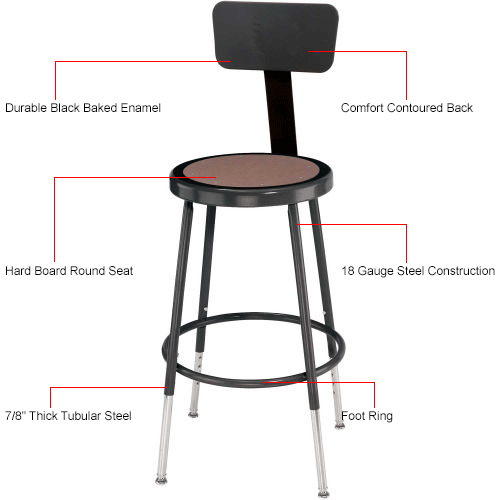 Interion® Steel Shop Stool w/Backrest and Hardboard Seat - Adjustable Height 19"-27" - Black - 2PK