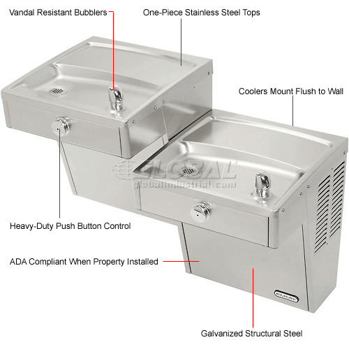 Elkay ADA Vandal Resistant Water Cooler, SS, Cane Apron, 2 Station
