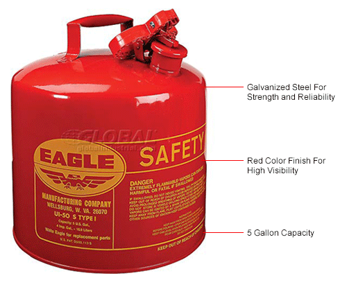5 Gallon Safety Gas Can Eagle UI-50-FS Red Galvanized Steel Type I Funnel 
