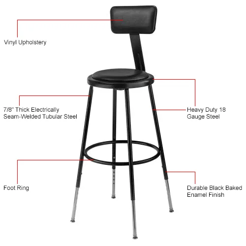 Interion® Steel Shop Stool w/Backrest & Padded Seat - Adjustable Height  25