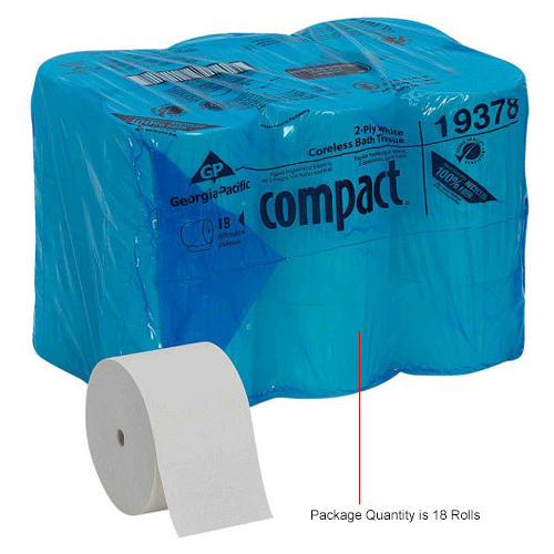 GP Compact White Coreless High Capacity 2-Ply Toilet Paper, 1500 Sheet/Roll, 18 Rolls/Case - 19378