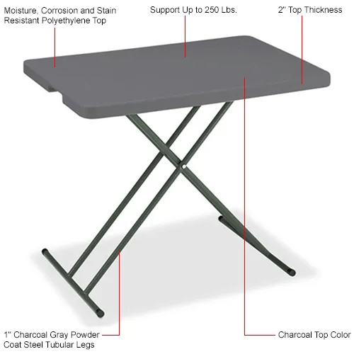 Interion® Adjustable Height Plastic Folding Table, 20 x 30, Charcoal