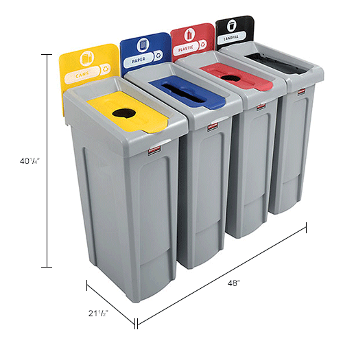 Rubbermaid Slim Jim Recycling Station, Landfill/Paper/Plastic/Cans, (4) 23 Gallon - 2007918