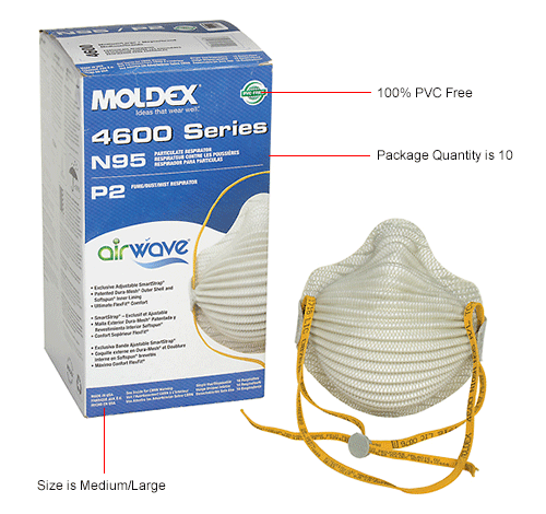 Moldex 4600 4600N95 Series AirWave&#174; N95 Particulate Respirator, Medium/Large, 10/Box