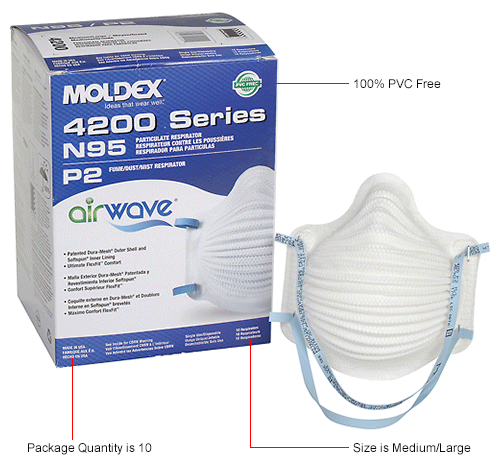Moldex 4200 4200N95 Series AirWave&#174; N95 Particulate Respirator, Medium/Large, 10/Box