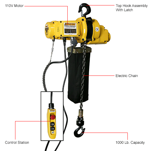 OZ Lifting 1/2 Ton Electric Chain Hoist, 20' Lift, 12.5 FPM, 110V