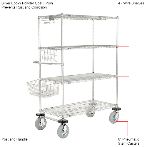Nexel® Chrome Curbside Wire Truck w/4 Shelves & Pneumatic Casters, 42"L x 24"W x 72"H