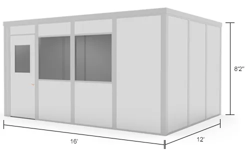 Gray portable office with door and window and dimensions