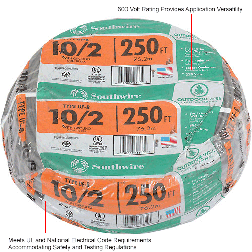 Southwire 13056755 UFB Underground Feeder Cable, 10/2 AWG, 250 ft