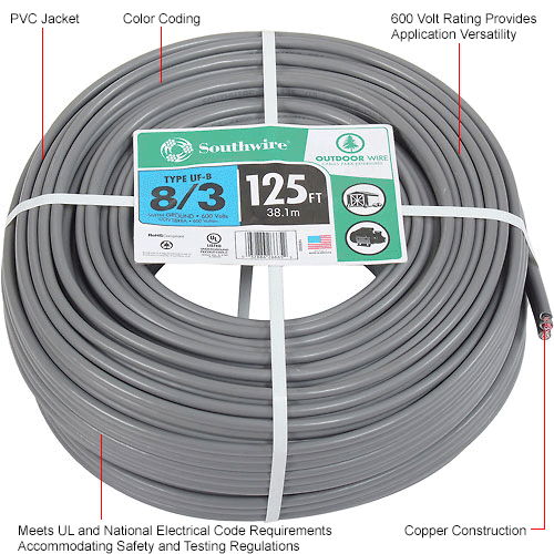 Southwire 14783502 UF-B Underground Feeder Cable, 8/3 AWG, 125 Ft