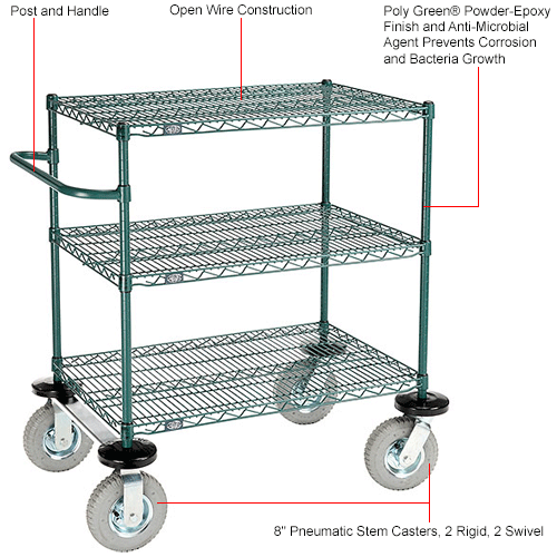 Nexel® 3 Shelf Cart, PolyGreen®, 36"L x 24"W x 43"H, Pneumatic Rigid Casters
