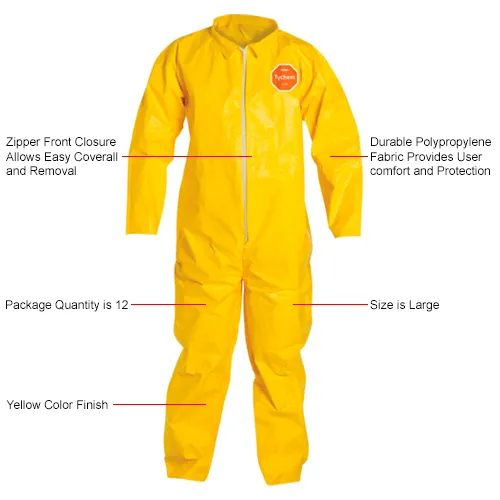 DuPont™ Tychem® 2000 Coverall, Front Zipper, Serged Seams, Yellow