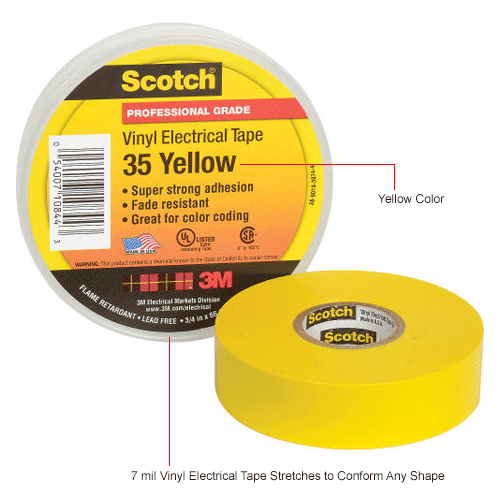 3M Scotch&#174; Vinyl Electrical Color Coding Tape 35-Yellow, 3/4" X 66', 80610833966