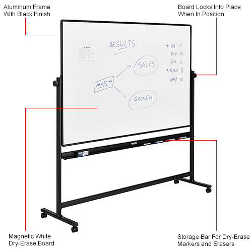 Global Industrial™ Mobile Reversible Whiteboard 72 x 48 Steel Black Frame