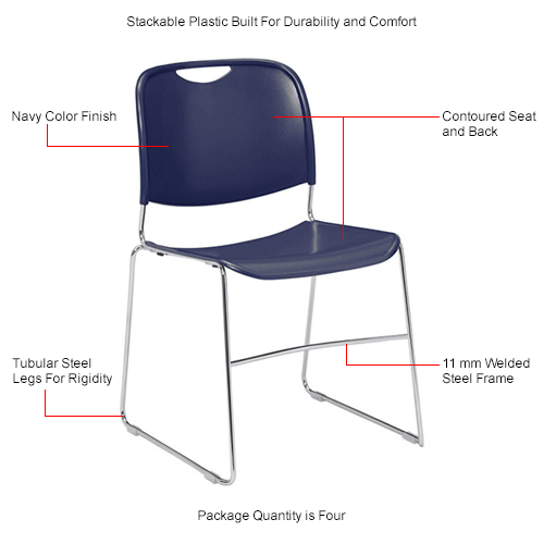 Interion® Stacking Chair With Mid Back, Plastic, Navy - Pkg Qty 4