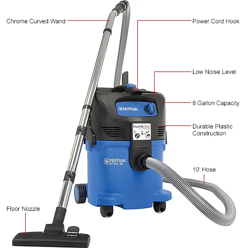 Nilfisk Attix 30 Wet/Dry Vacuum, 8 Gallon Cap.