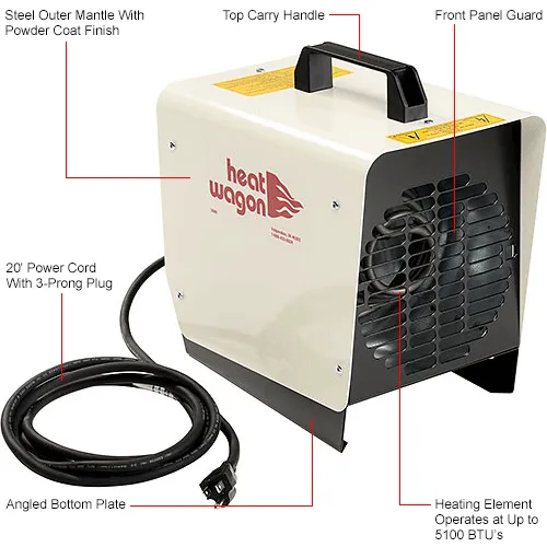 Heat Wagon Electric Heater W/ Thermostat, 116 CFM, 120V, 1500 Watt