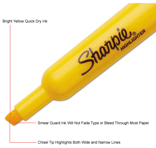 Sharpie® Accent Tank Highlighter, Smear Guard, Chisel Tip, Yellow Ink - Pkg Qty 12
																			