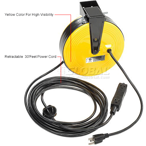 Bayco&#174; Triple Tap Extension Cord SL-800, Retractable Reel, 30'L Cord, 16/3 GA, Yellow