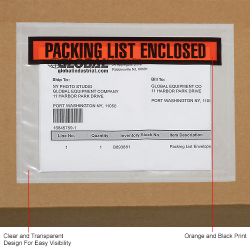 Packing List Envelopes "Packing List Enclosed" 7" x 51/2" Panel Face, Orange 1000/Case