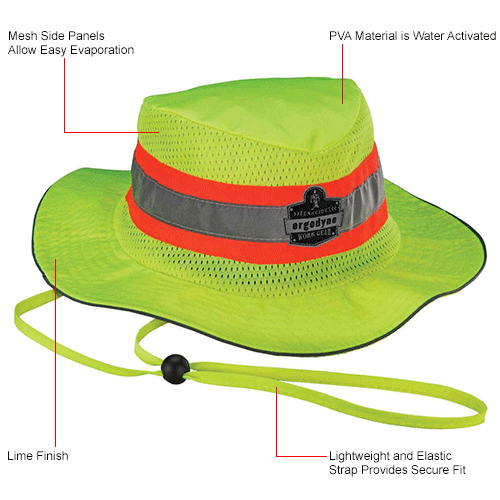 Ergodyne Chill-Its&#174; Evap. Class Headwear Hi-Vis Ranger Hat w/ Built-In Cooling Towel, Lime, S/M