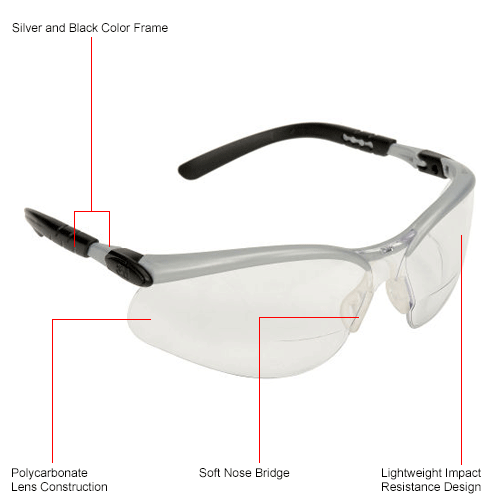 3m reader's safety glasses 1.5 diopter clear lens bifocal lens