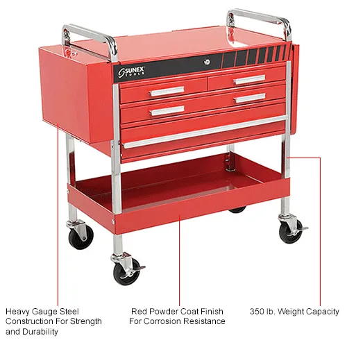 Sunex Tools 8013ADELUXE 4 Drawer Deluxe Red Tool Cart W Sunex Tools 8013ADELUXE 4 Drawer Deluxe Red Tool Cart W