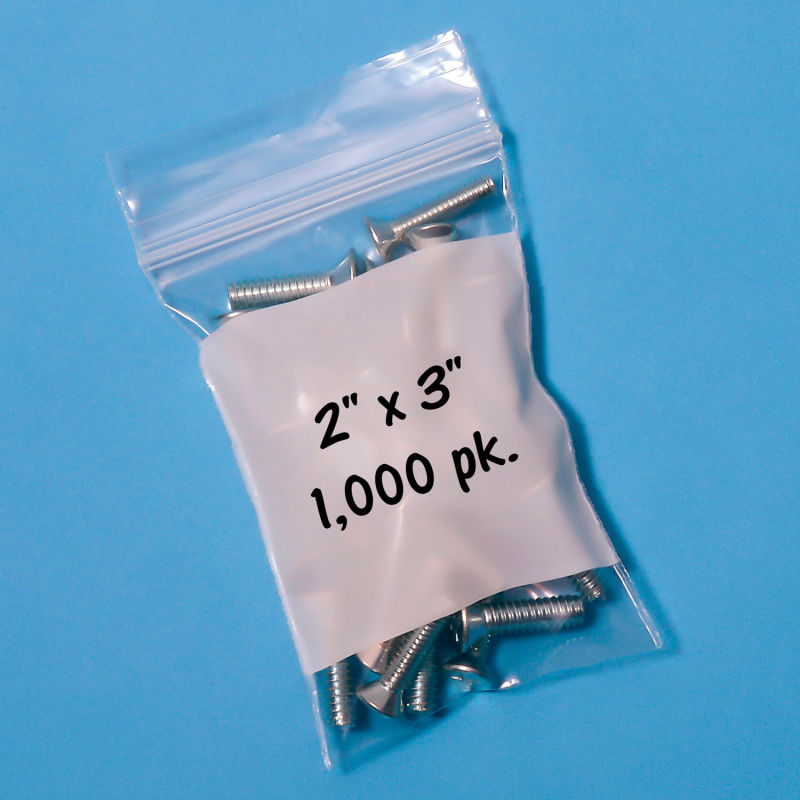 1000 Pack 3 x 3 Inch 4 Mil Clear Resealable Poly Bag with White Block Label 
