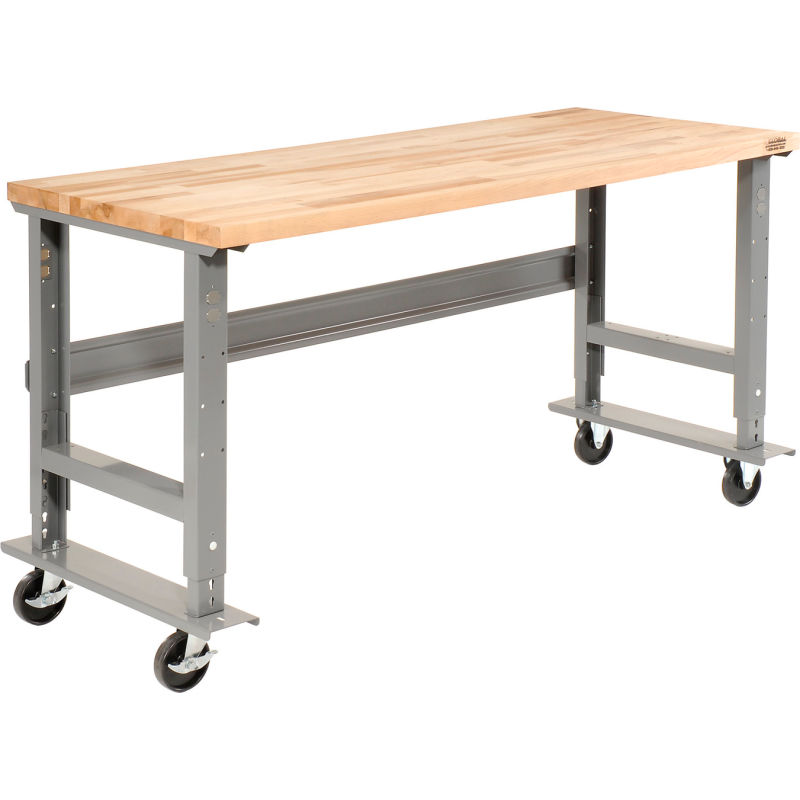 Maple Butcher Block Square Edge Gray Mobile Adjustable Height C-Channel Leg Workbench 48Wx30D