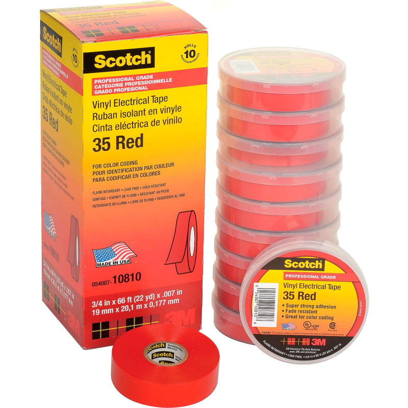 Red 3/4 in x 66 ft 10 Pack 53M 35 Scotch Vinyl Electrical Color Coding Tape 