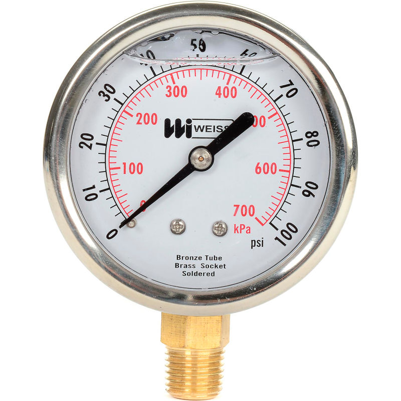 Oil Filled Air Pressure Gauge 100 PSI 2 Inch Dia 1/4 Inch NPT Bottom Mount 