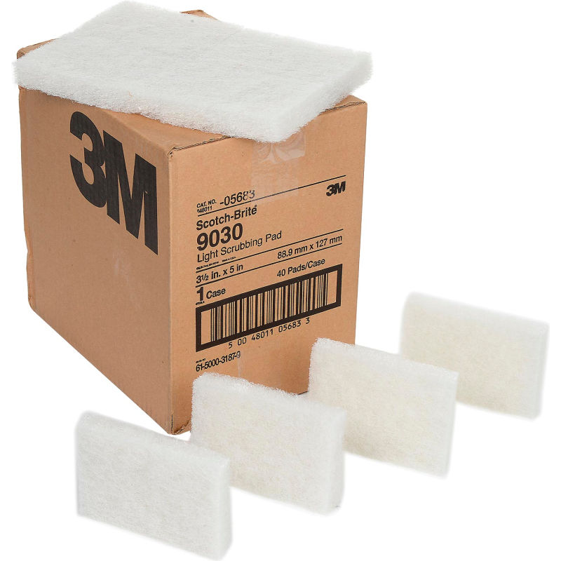 5 Length x 3-1/2 Width 3M Case of 40 White Scotch-Brite 9030 Light Duty Scrubbing Pad 5 Length x 3-1/2 Width 5 Length x 3-1/2 Width 3M Case of 40 White Scotch-Brite 9030 Light Duty Scrubbing Pad 5 Length x 3-1/2 Width