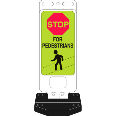 Brady® 103709 Stop For Pedestrians Sign w/Base, 14" X 40", Fluorescent Yellow Green