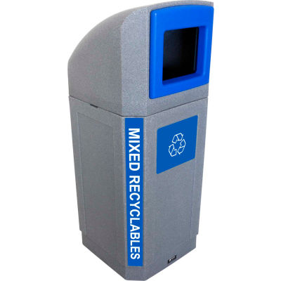 Busch Systems Outdoor Octo Container - Mixed Recyclables, 32 Gallon - Graystone/Blue - 104439