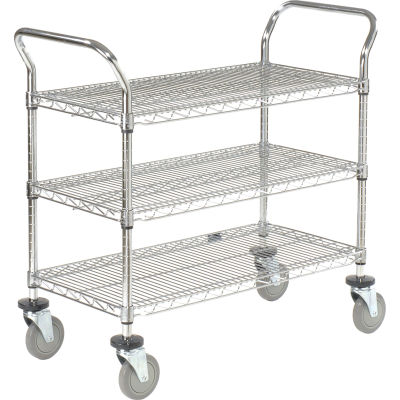 Nexel® Utility Cart, 3 Shelf, Chrome, 60"L, x 24"W, x 39"H, Polyurethane Brake Casters