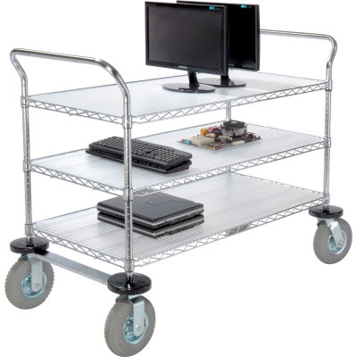 Nexel® Utility Cart, 3 Shelf, Chrome, 30"L, x 18"W, x 42"H, Pneumatic Casters