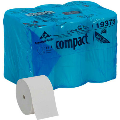 GP Compact White Coreless High Capacity 2-Ply Toilet Paper, 1500 Sheet/Roll, 18 Rolls/Case - 19378